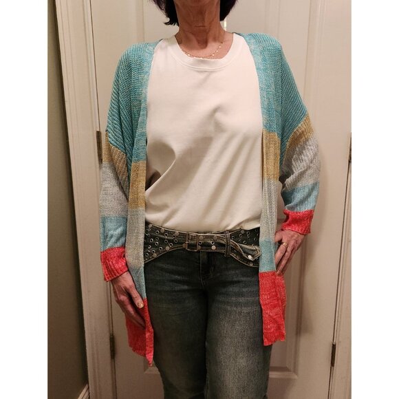 Lane Bryant Cardi jacket Aqua Coral Yellow Color Block BoHo Classic Sz 26/28 NWT - Picture 4 of 8